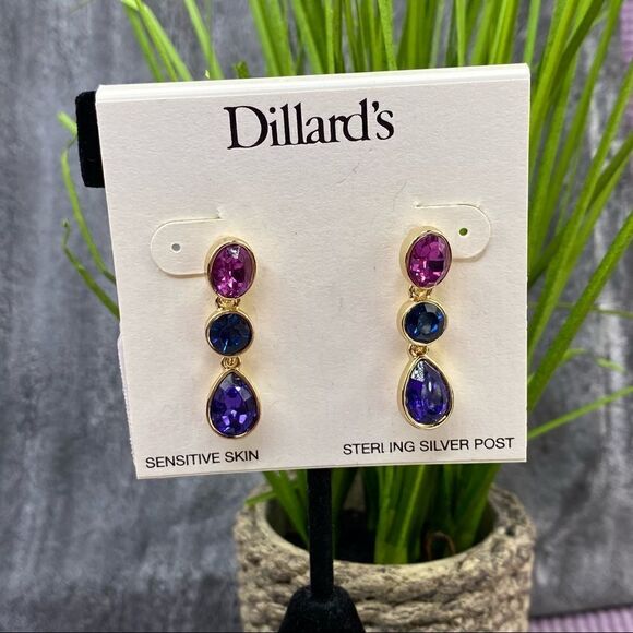 Dillard’s Tri Color Dangle Chandelier Earrings Pink Blue Purple - Picture 2 of 7
